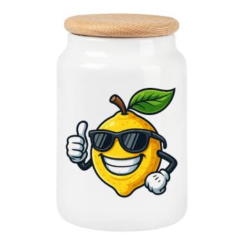Fruity Yellow Lemon Summer Cool Thumbs Up - Cookie Jar with Wooden Lid - white - Front