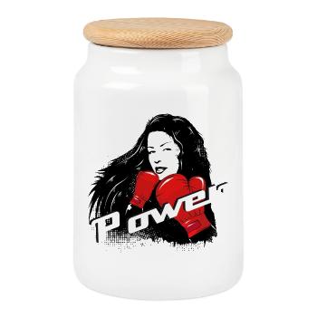 Boxer with power lettering – strong female motif - Cookie Jar with Wooden Lid - white - Front