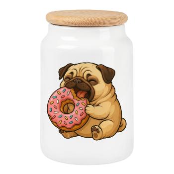 Süßer Mops mit Donut Cartoon Lustig Fressen - Keksdose mit Holzdeckel - Weiß - Vorne