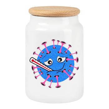 Sick Virus – Cartoon with Clinical Thermometer - Cookie Jar with Wooden Lid - white - Front