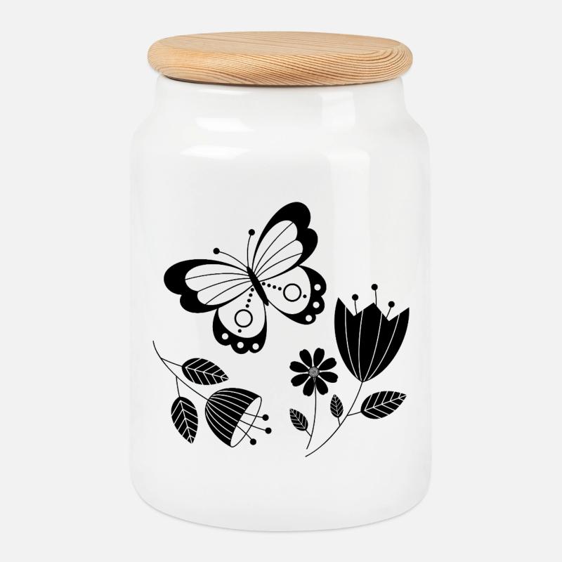 Schmetterling mit Blumen - Keksdose mit Holzdeckel - Weiß