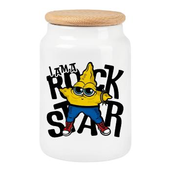 I am a Rock Star - Yellow Star Cartoon - Cookie Jar with Wooden Lid - white - Front