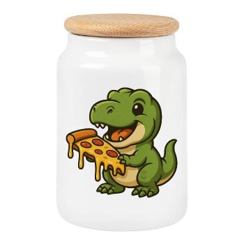 Cute Dino T-Rex Cartoon Pizza Lover - Cookie Jar with Wooden Lid - white - Front