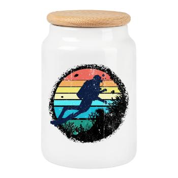 Silhouette de plongeur sous-marin avec coucher de soleil arc-en-ciel - Boîte à biscuits avec couvercle en bois - blanc - Devant
