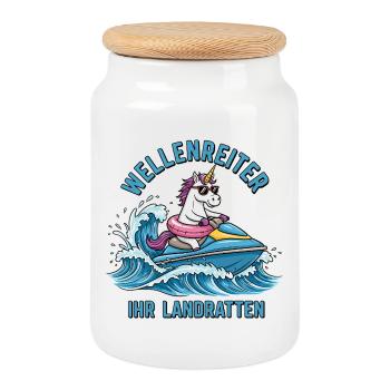 Cool Jet Ski Unicorn - Cookie Jar with Wooden Lid - white - Front