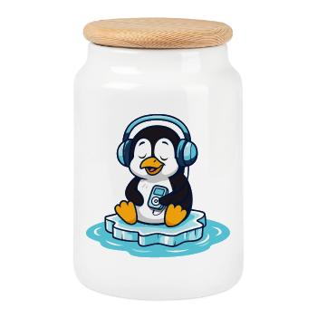 Pingouin mélomane avec des écouteurs - Boîte à biscuits avec couvercle en bois - blanc - Devant