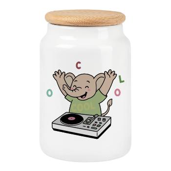 Dancing cheerful elephant partying as a DJ - Cookie Jar with Wooden Lid - white - Front