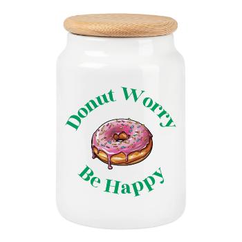 Donut Worry Be Happy - Funny Donut Saying - Cookie Jar with Wooden Lid - white - Front