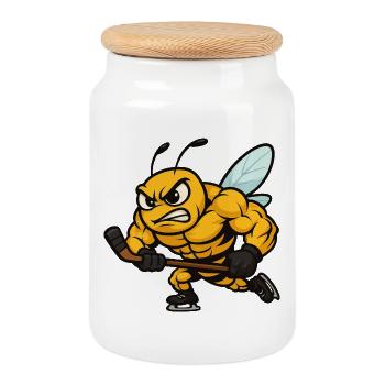 Aggressive Bee Hockey Coach Winter Team - Cookie Jar with Wooden Lid - white - Front