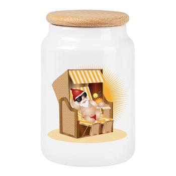 Cool garden gnome on the beach - Cookie Jar with Wooden Lid - white - Front