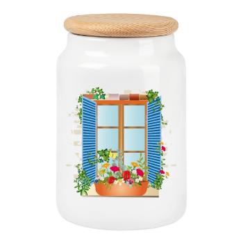 Fenêtre d’été avec bac à fleurs - Boîte à biscuits avec couvercle en bois - blanc - Devant