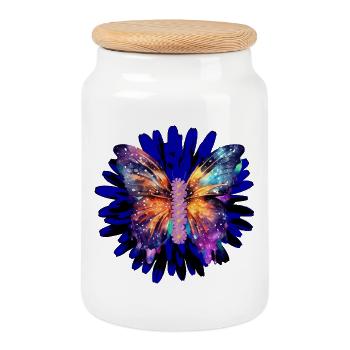 Ailes de galaxie - Papillon sur la floraison cosmique - Boîte à biscuits avec couvercle en bois - blanc - Devant