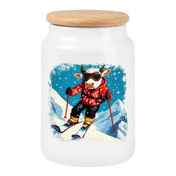 Vaches skieuses - Boîte à biscuits avec couvercle en bois - blanc - Devant