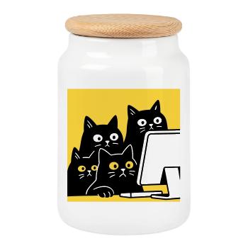 Cats watching Catcontent - Cookie Jar with Wooden Lid - white - Front