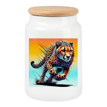 cheetah - Cookie Jar with Wooden Lid - white - Front