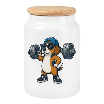 Cool Beagle Dumbbell Weightlifting Workout Fitness - Cookie Jar with Wooden Lid - white - Front