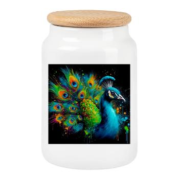 peacock - Cookie Jar with Wooden Lid - white - Front