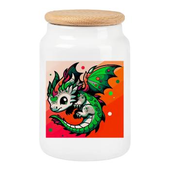 dragon - Cookie Jar with Wooden Lid - white - Front