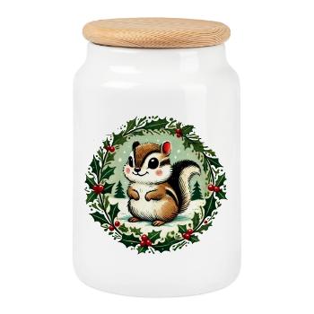 Écureuil festif avec couronne de houx - Boîte à biscuits avec couvercle en bois - blanc - Devant