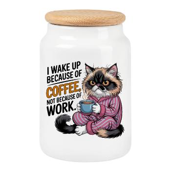 Je me réveille à cause de Coffee Cat - Boîte à biscuits avec couvercle en bois - blanc - Devant