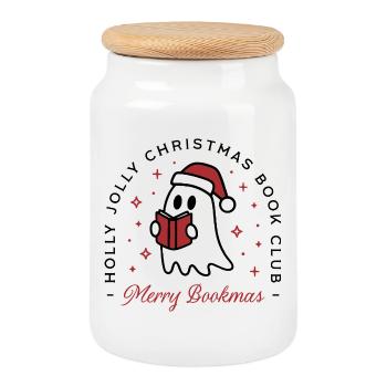 Club de lecture de Noël fantôme jeux de mots drôle lecteur souhaits - Boîte à biscuits avec couvercle en bois - blanc - Devant