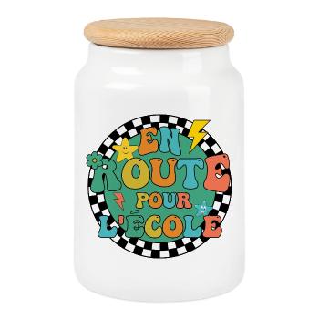 En Route Pour l'Ecole Rentrée Scolaire Idée Cadeau - Boîte à biscuits avec couvercle en bois - blanc - Devant