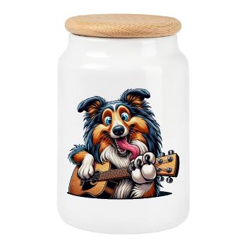 Drôle de collie avec guitare chien musique - Boîte à biscuits avec couvercle en bois - blanc - Devant