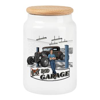 Vintage Auto Werkstatt Design - Keksdose mit Holzdeckel - Weiß - Vorne
