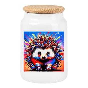 hedgehog - Cookie Jar with Wooden Lid - white - Front