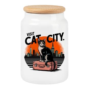 Cat in the City - Cookie Jar with Wooden Lid - white - Front