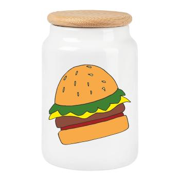 Lustiger Hamburger Cartoon-Print - Keksdose mit Holzdeckel - Weiß - Vorne