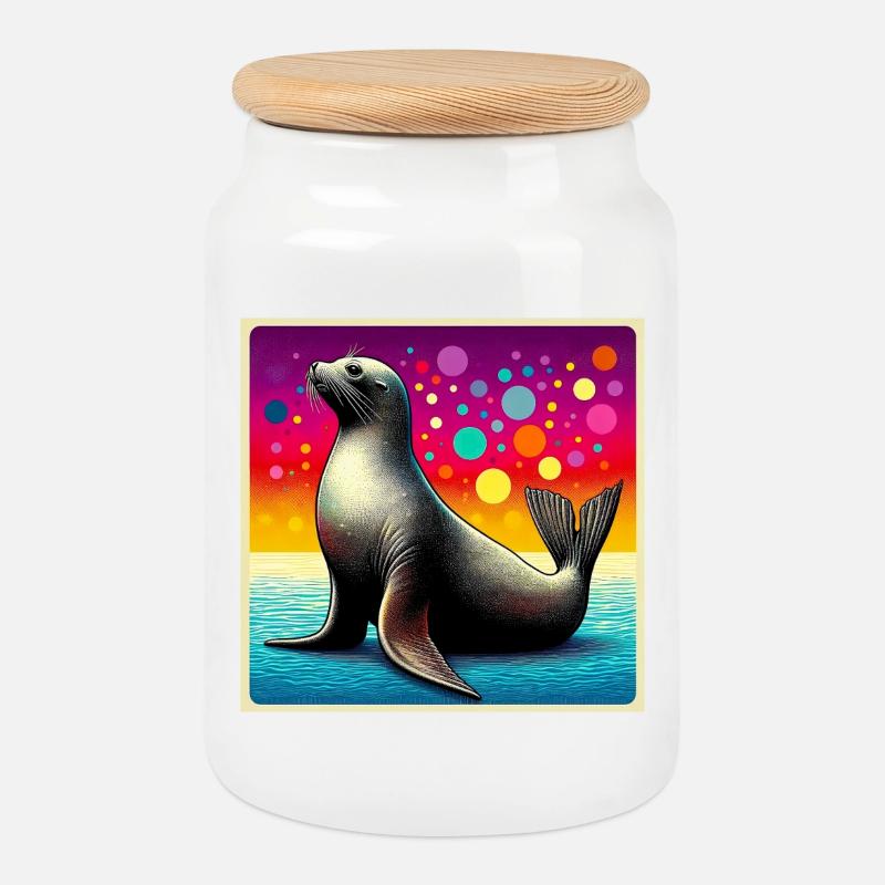 seal - Cookie Jar with Wooden Lid - white