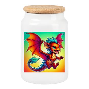 dragon - Cookie Jar with Wooden Lid - white - Front
