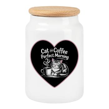 Katzenliebe und Kaffee am Morgen - Keksdose mit Holzdeckel - Weiß - Vorne