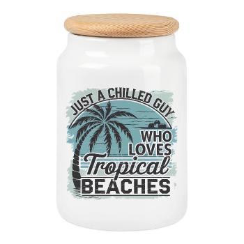 Just A Chilled Guy Who Loves Tropical Beaches - Cookie Jar with Wooden Lid - white - Front