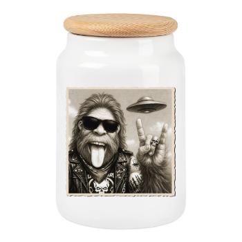 Rock, Rocker, Rock Music, Rock Hand, Bigfoot UFO - Cookie Jar with Wooden Lid - white - Front