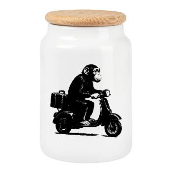 Retro monkey on moped | Scooter monkey - Cookie Jar with Wooden Lid - white - Front
