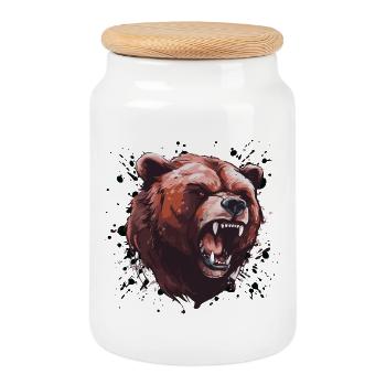 Grizzly Bear Head - Cookie Jar with Wooden Lid - white - Front
