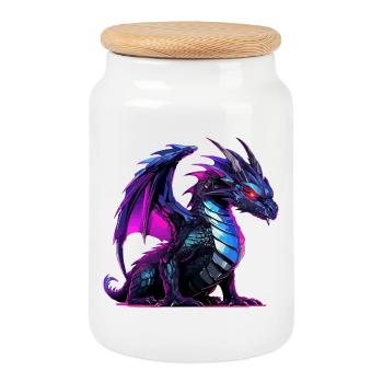Neon-Drachen Illustration auf Schwarz - Keksdose mit Holzdeckel - Weiß - Vorne