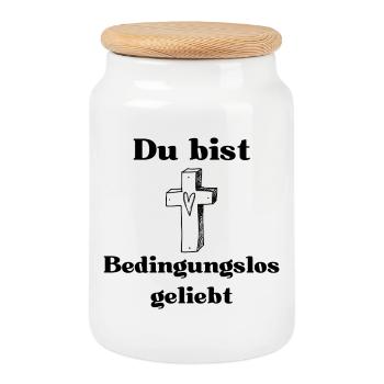 Religiöse Kreuzzeichnung mit Herz - Keksdose mit Holzdeckel - Weiß - Vorne