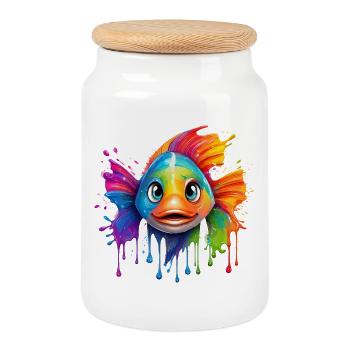 Coloured fish with colour explosion - Cookie Jar with Wooden Lid - white - Front