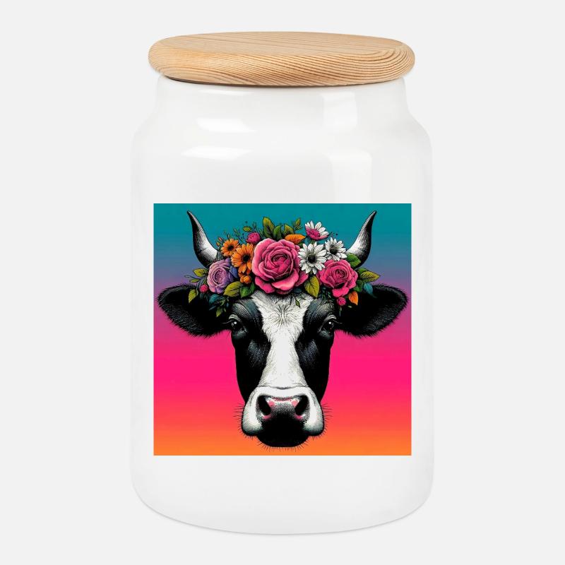 cow - Cookie Jar with Wooden Lid - white