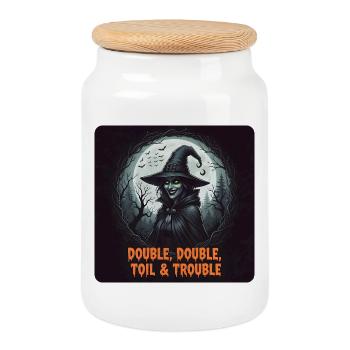 Halloween t-shirt Witch and trouble ahead - Cookie Jar with Wooden Lid - white - Front