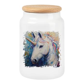 Farbenfrohes Einhorn Kunstwerk - Keksdose mit Holzdeckel - Weiß - Vorne