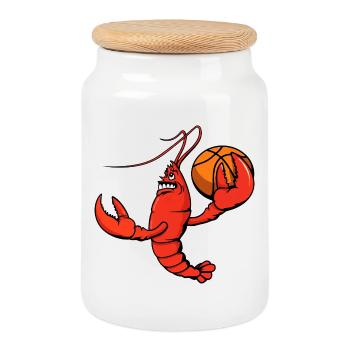 Mignon homard crustacés joueur de basket-ball dessin animé - Boîte à biscuits avec couvercle en bois - blanc - Devant