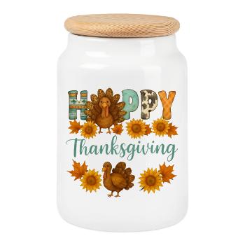 Happy Thanksgiving mit Truthahn und Sonnenblumen - Keksdose mit Holzdeckel - Weiß - Vorne