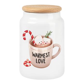 Hot Chocolate – Warmest Love Xmas Design - Cookie Jar with Wooden Lid - white - Front