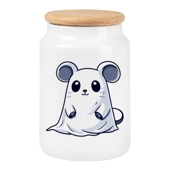 Souris Halloween fantôme - Boîte à biscuits avec couvercle en bois - blanc - Devant