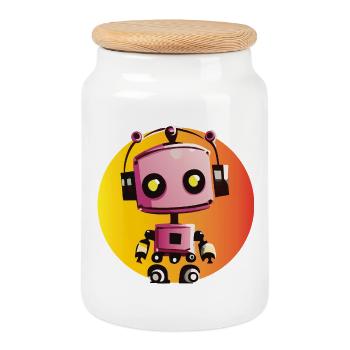 Musikroboter auf Gelb-Orange - Keksdose mit Holzdeckel - Weiß - Vorne