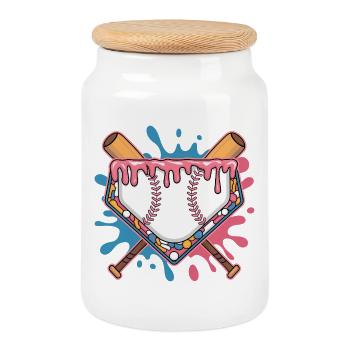 Baseball Homeplate Mit Schlaeger Und Buntem Splash - Keksdose mit Holzdeckel - Weiß - Vorne